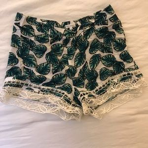 Leaf patterned, lace trim fabric shorts. Pacsun